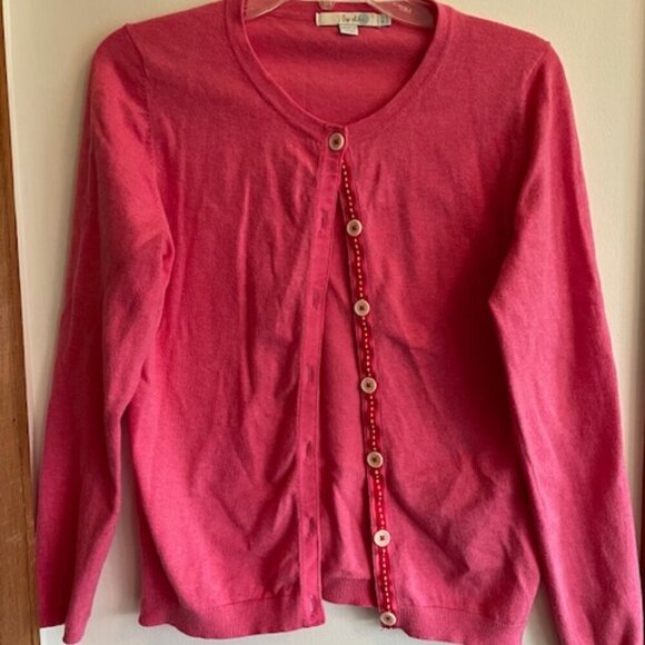 BODEN Pink Red Grosgrain Placket Button Cotton Long Sleeve Cardigan Swea… - Picture 6 of 15